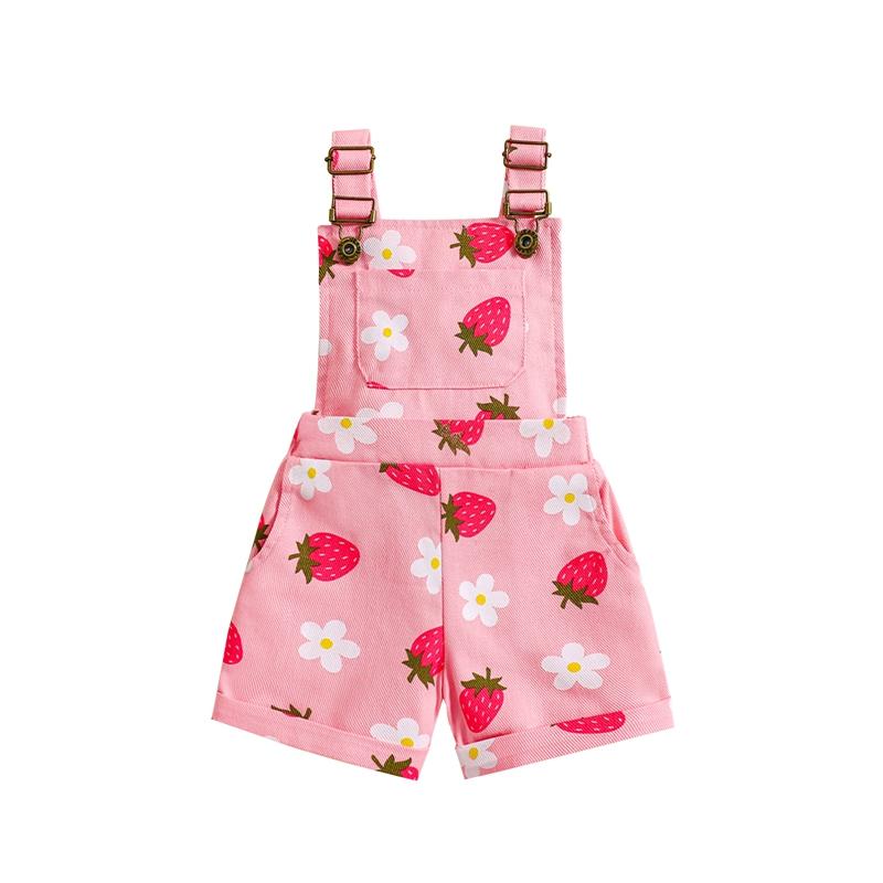 Product Introduction of Pink/ White Toddler Kid Little Girl Denim Overalls Flower/Strawberry Print Jeans Overalls Strap Suspender Shorts Outfit 6 12 18 24 Months 2-6 Years Old Kid 46
