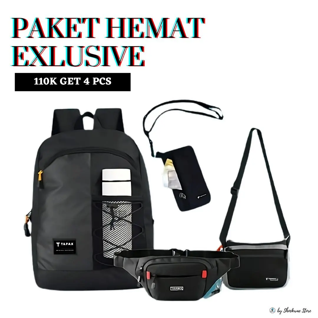 TAPAXCO Paket Hemat II Tas Selempang Pria 110k Get 4 Pcs Ransel Sekolah, waistbag, Slingbag and Hanging Wallet Casual Local Original hitam waistbag Pinggang