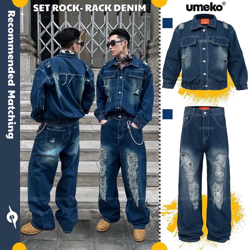 UMEKO Set ROCK-RACK Denim Unisex Gồm Áo Khoác Jacket Form Boxy Màu Xanh Wash Rách Có Bo Chun Và Quần Jeans Form Suông Ống Rộng Màu Xanh Wash Sáng Rách Gối Menswear