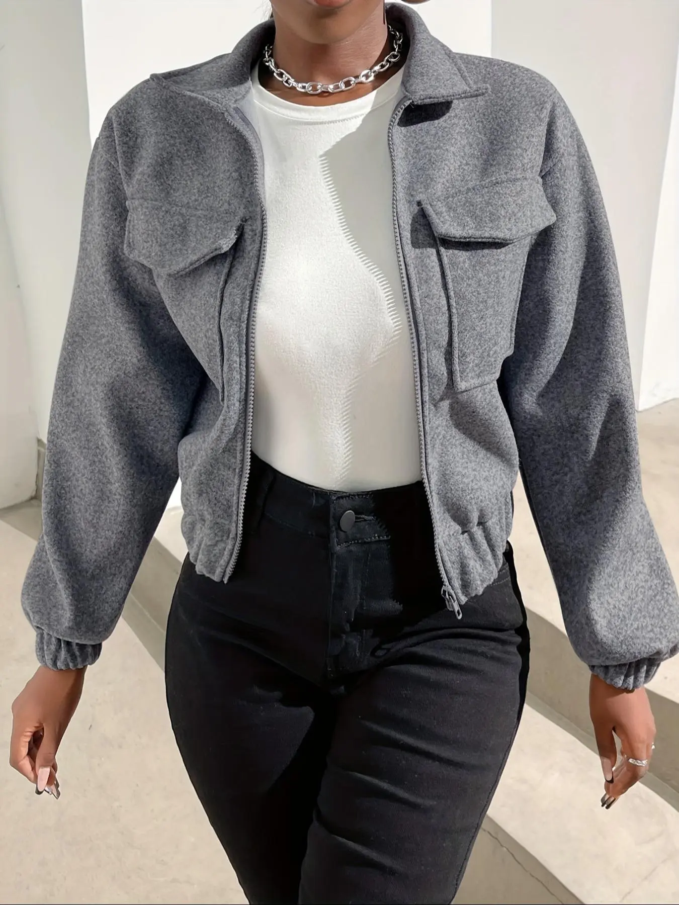 Women's Solid Color Jacket, Casual Long Sleeve Zip Up Outerwear for Daily Wear, Ladies Clothes for All Seasons, Coats