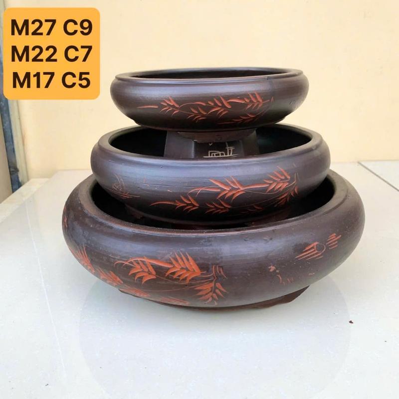 GV. Chậu Tròn bonsai cây cảnh màu đen gốm Bát tràng 3 size SP910