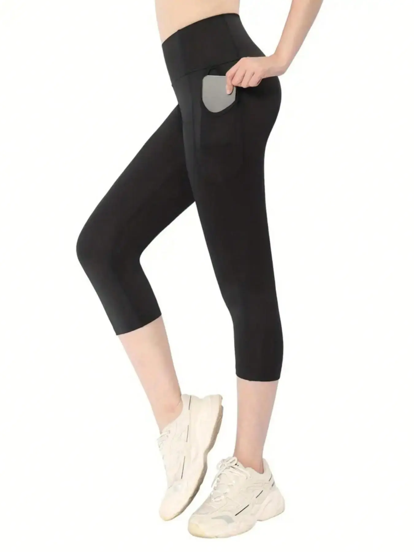 Women's Solid Color Pocket Decorate Capri Pants, High Stretch Yoga Leggings, Ladies Sportswear for Indoor Outdoor Wear, Gymclothes