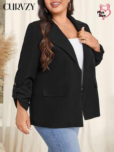 CURVZY Plus Size Solid Lapel Neck Blazer, Casual Long Sleeve Button Pocket Outerwear for Work Office Business, Women's Clothes
