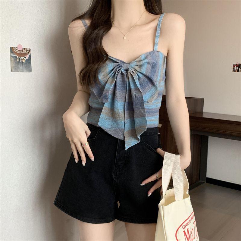 Product Introduction of Sweet and Spicy Style Striped Small Sling Vest Women's Summer Inner Wear Outer Wear Design Sense Niche Bow Sleeveless Short Top turtleneck  tank Lingerie Plaid Spaghetti Strap tank  top camisole  tops baby  tee 12