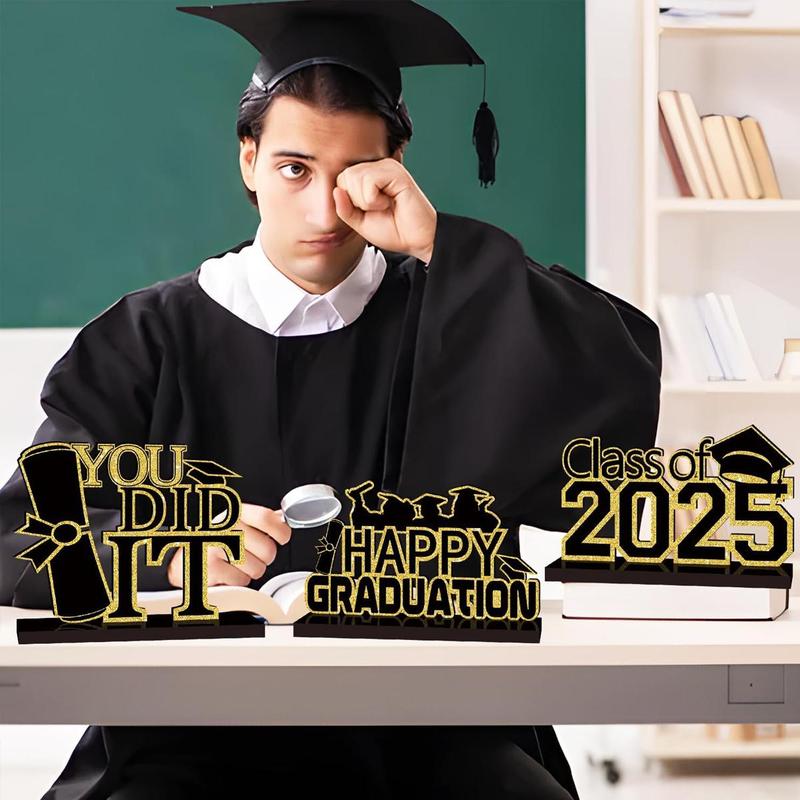 Graduation Themed Wooden Table Centerpiece, 4 Counts/set Class Of 2025 Congrats Grad Letter Pattern Ornament, Graduation Decorations for Home Party School 6