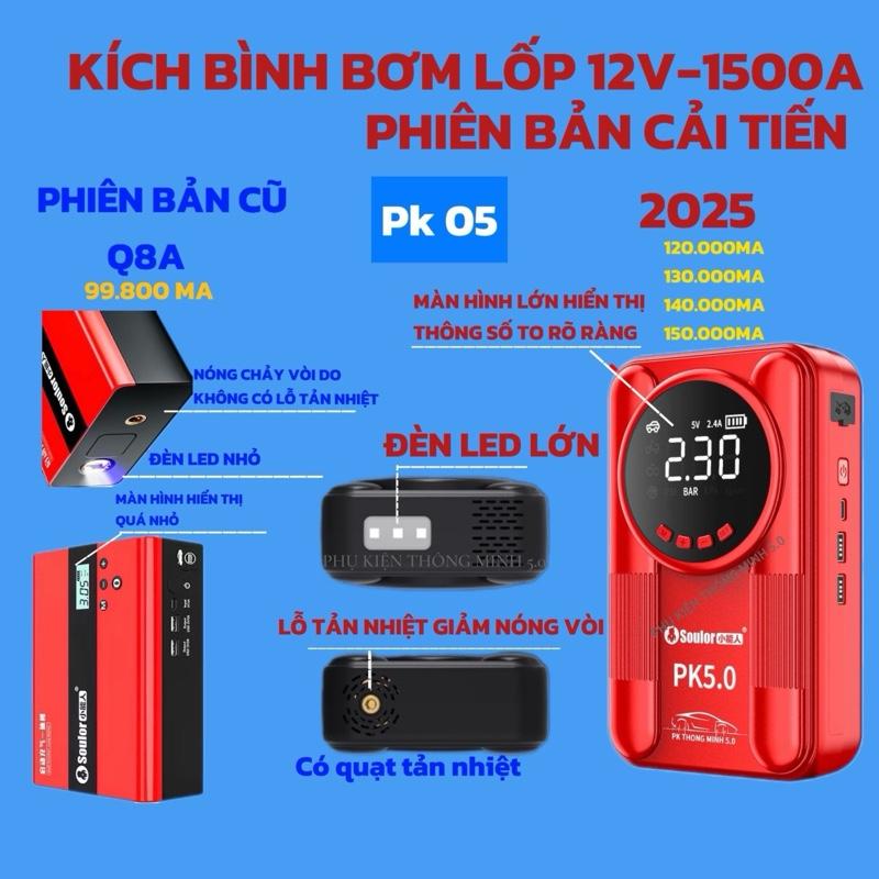 Bộ kích bình bơm lốp KẸP THÔNG MINH SOULOR PK05 2025 120-150.000mAh:bảo hành 2 năm:dùng cho ô tô xe máy máy phát điện
