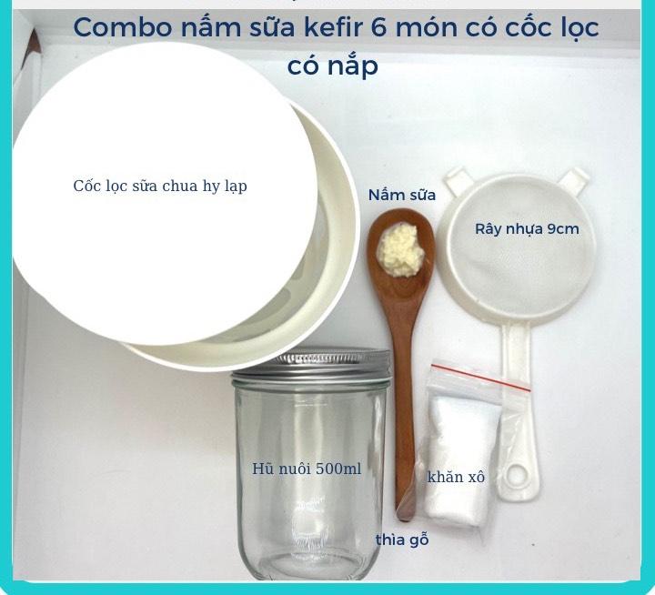 Combo trọn bộ nấm kefir 6 món có CỐC LỌC CÓ NẮP làm sữa chua hy lạp