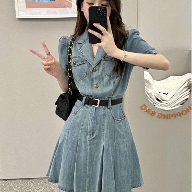 Váy Xếp Ly Denim, Cổ Áo Phù Hợp, Dành Cho Phụ Nữ, Phong Cách Cổ Điển Pháp, Bó Sát Váy Tay Ngắn, Váy, Với Thắt Lưng, Mùa Hè, Ins, 2024 Women Dress 3