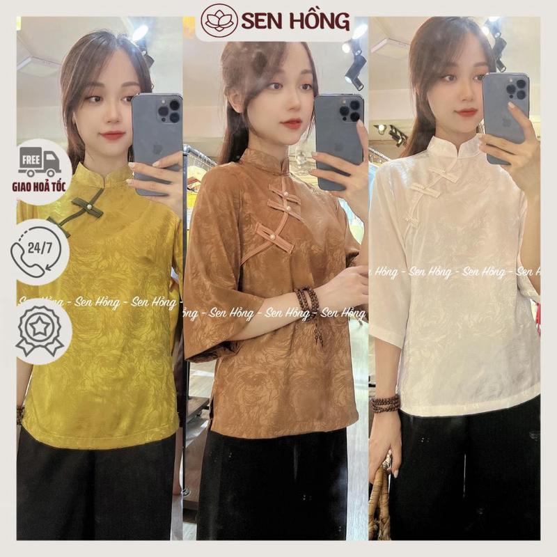 ĐỒ LAM ĐI CHÙA LỤA GẤM XINH # quần áo đi lễ đi chơi # pháp phục nữ vải lụa mềm nhẹ cổ tàu cúc chéo truyền thống B32 0