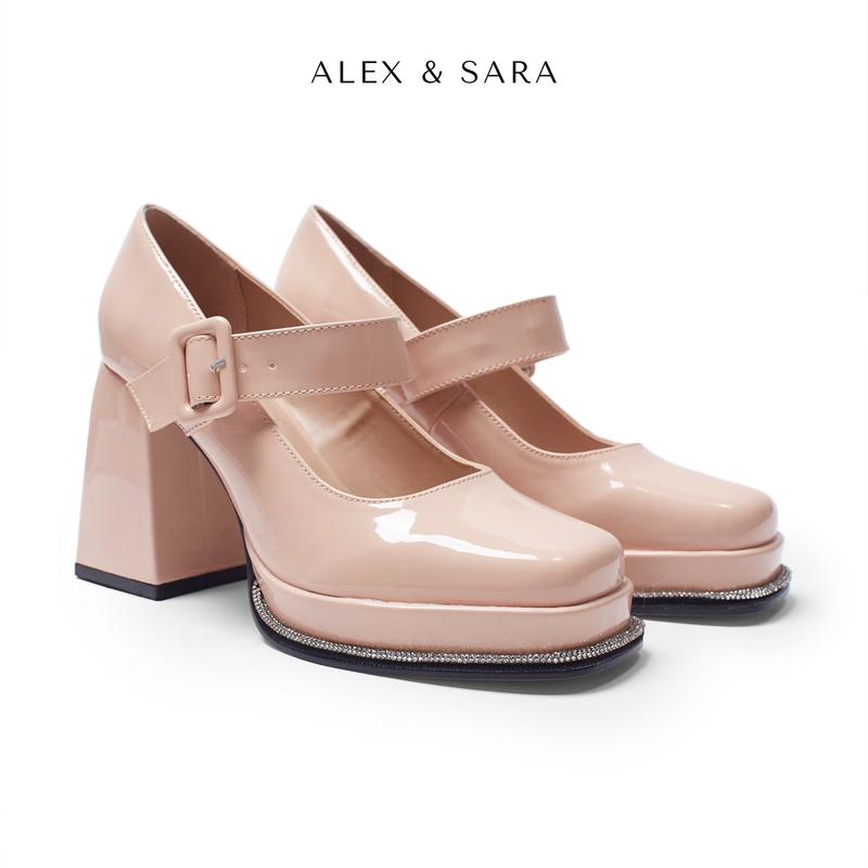  LT23 - Giày bit nữ đế đúp mũi vuông da bóng viền đá cao 9cm ALEX SARA 