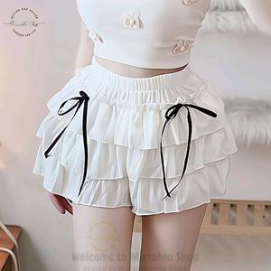 Quần Tầng Len Gân Ngắn Xếp Ly Đính Nơ Phối Viền Lưng Cao (Có Lót), Nữ Women Voan