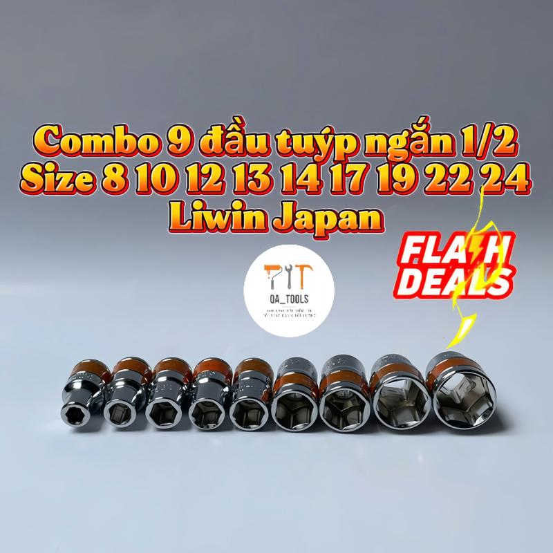 Combo 9 đầu tuýp lục giác ngắn 1 2 Liwin Japan gắn máy vặn tay siết ốc đa năng full kích cỡ 8-24