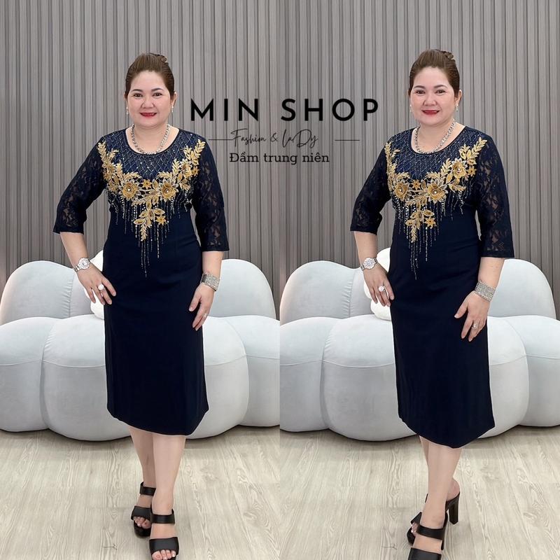 Đầm body trung niên cao cấp hoa ren kết đá cổ 3D Min Shop - Voan, Nữ Women Sen Dress Voi Kem Hoa Sen Đen Đỏ 4