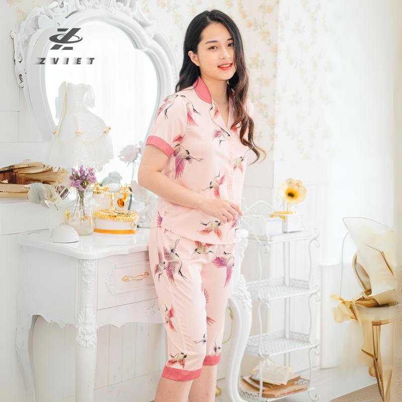 Đồ bộ PIJAMA mẫu lửng-áo ngắn tay. Chất liệu vải Lụa Hàn mềm mịn thoáng mát,kiểu dáng thanh lịch, trẻ trung ZViet Women Nữ Voi Quần Ngủ Nho Áo Ngủ dobo tay ngan 5