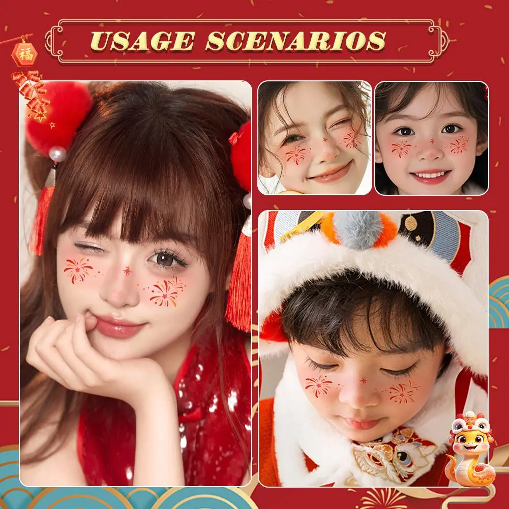 SOUG 2025 New Year Makeup Facial Tattoo Patch For Cute Girls Fireworks Design Face Sticker Red Sticker