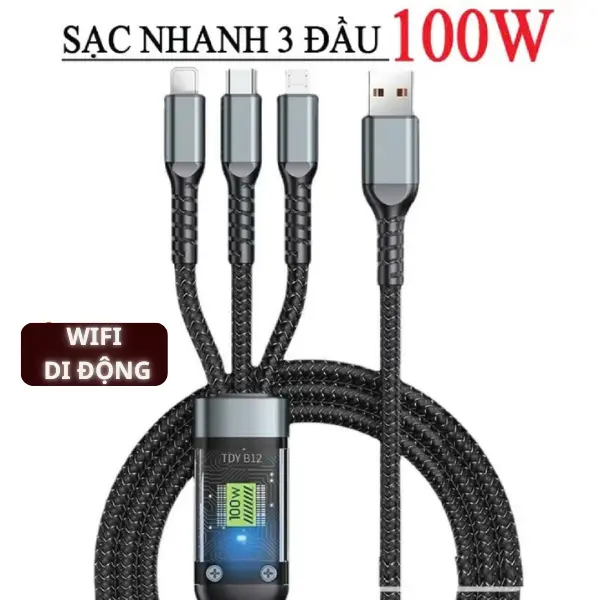 Cáp Sạc Nhanh 3 Đầu 100W - Dây Sạc 3 Trong 1 Chống Đứt Chống Rối - Cáp sạc 3 in 1 -Phụ Kiện sạc có cổng Usb 0