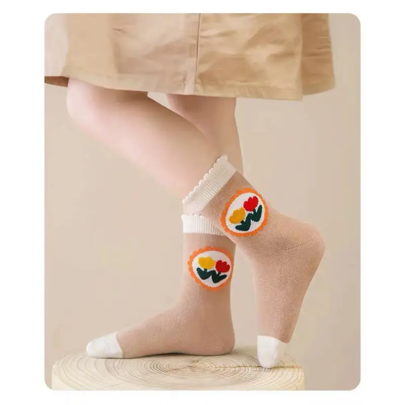 Set 10 Đôi Tất Trẻ Em Cotton Cổ Cao Tone Cam Phối Họa Tiết Gấu, Hoa Quả te44 kakaxi 6