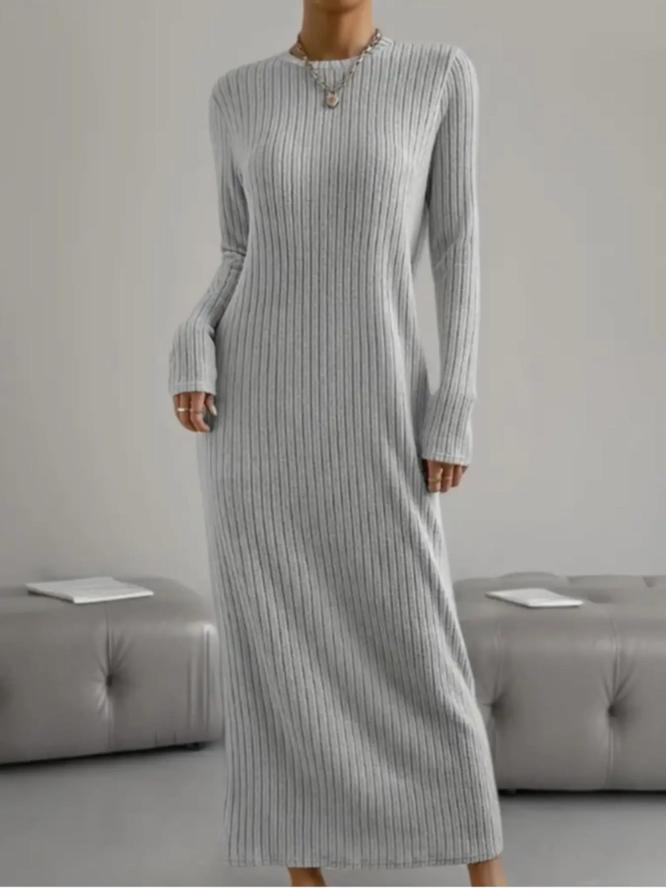 【Plus Size】 Solid Long Sleeve Round Neck Ribbed Tee Dress, Casual Crew Neck Long Dress for Fall & Winter, Women's Clothes for Daily Wear