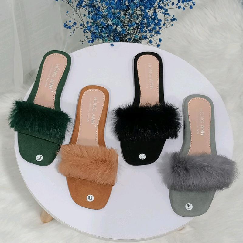 Dép Nữ Bản Ngang Đính Lông Đế Bệt, Chất Liệu Da Lộn Tổng Hợp