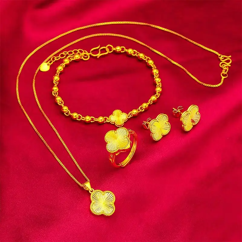 Lucky Clover Ring Earrings Bracelet Women's Gold-Plated Stud Earrings Elegant Collarbone Chain Set