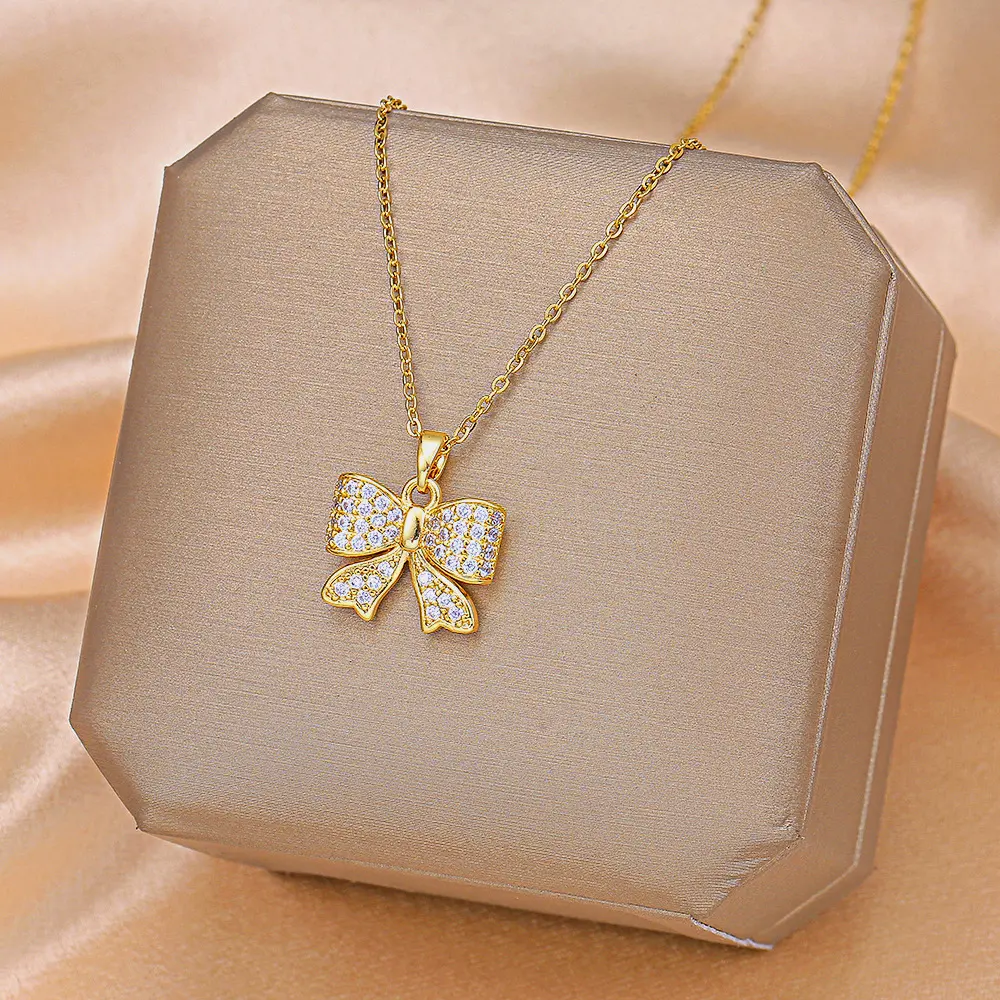 Trendy Light Luxury Gold Bowtie Pendant Necklace, Hypoallergenic Titanium Steel with Zirconia, Elegant Choker, Versatile Accessory, Perfect Gift
