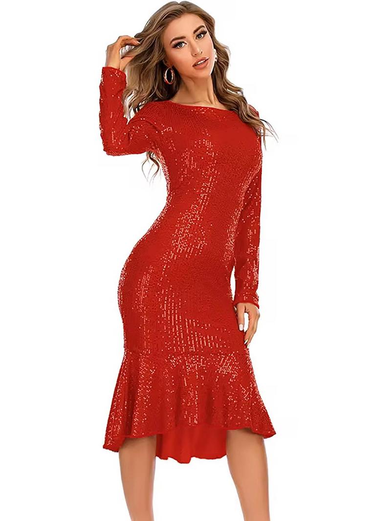 Product Introduction of Women's Glitter Sequins Ruffle Trim Bodycon Dress, Elegant Long Sleeve Round Neck Dress for Party Evening Formal Occasions, Ladies' Spring & Fall Clothes 4