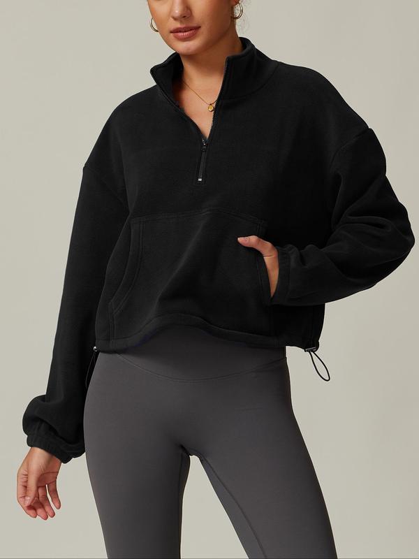 Women's Solid Zip Up Drop Shoulder Polar Fleece Sports Sweatshirt, Casual Long Sleeve Stand Collar Pocket Sports Top for Fall & Winter, Women's Sportswear for Outdoor Activities 7