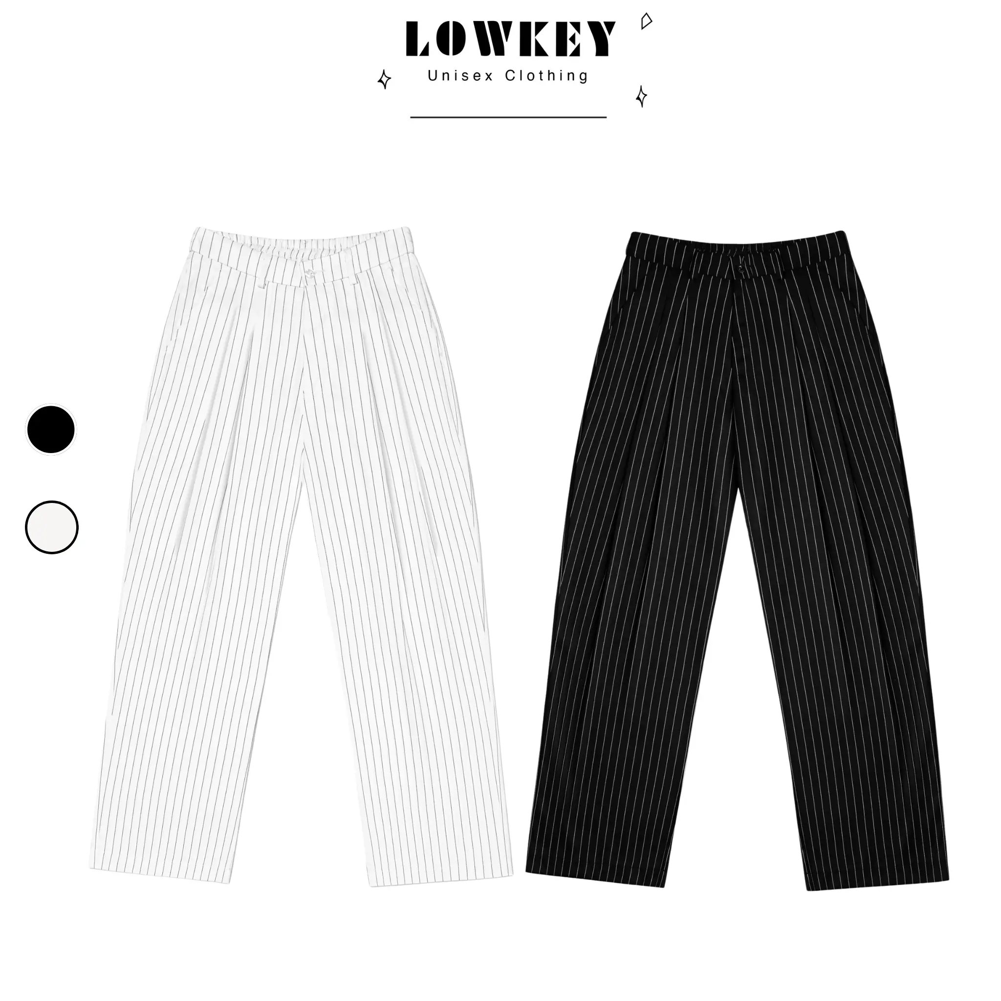K2006 LOWKEY - Quần dài Kẻ Sọc ống rộng phối lưng chun form suông màu đen trắng