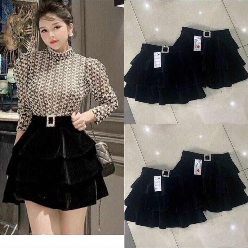 Chân váy ba tầng dáng ngắn xòe chất nhung mịn kèm đai mặt đá vuông đẹp, chân váy nhung