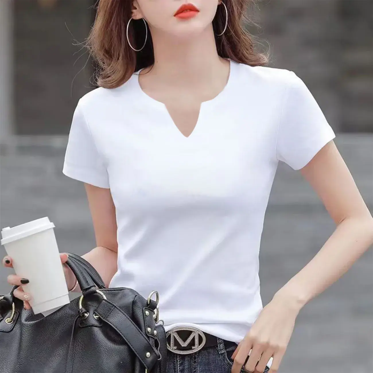 White V-neck Basic Tee - 2025 Summer New Trend for Women