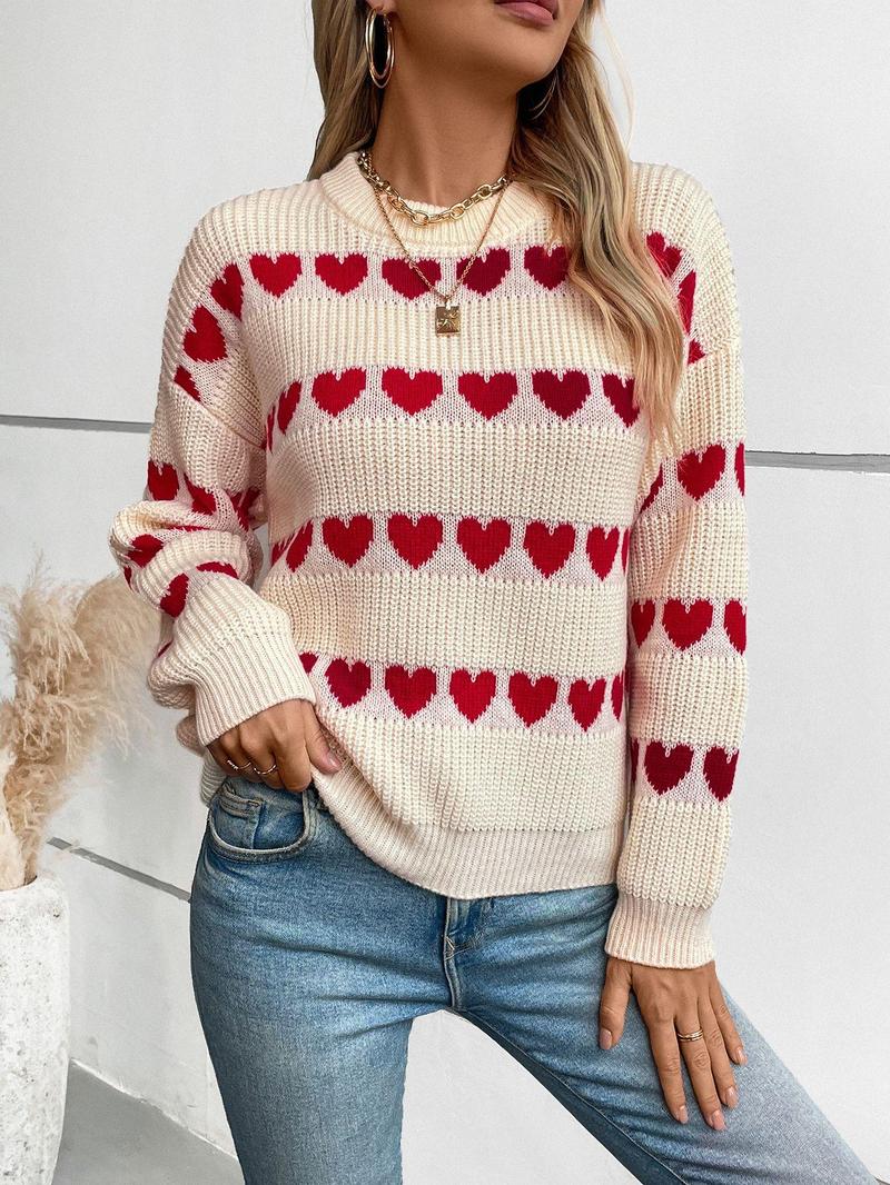 Product Introduction of Women's Heart Print Crew Neck Sweater, Casual Long Sleeve Jumper for Fall & Winter, Fashion Ladies' Knitwear for Daily Wear 5