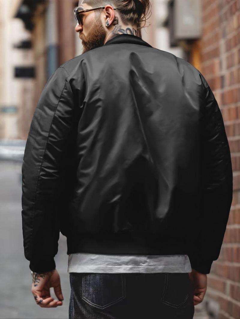Product Introduction of Men's Regular Fit Solid Pocket Zipper Bomber Jacket, Casual Long Sleeve Baseball Collar Outerwear for Fall & Winter, Men's Clothes for Daily Wear 2