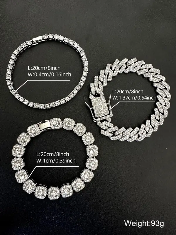 Luxury Rhinestone Decorated Cuban Link Bracelet, 3counts Exquisite Trendy Bracelet for Women & Men, Fashion Accessories for Daily & Party Decoration, Birthday Gift 1