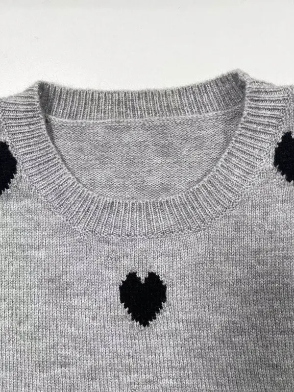 Women's Heart Print Crew Neck Sweater, Casual Short Sleeve Jumper for Daily Wear, Ladies Knitwear for Summer 7