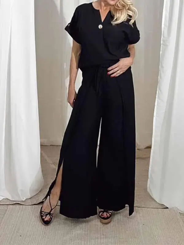 Women's Solid Color Top & Pants Set, Elegant Fashion Casual Women's Clothing Set for Daily Outdoor Wear, Women's Clothes for Summer 0