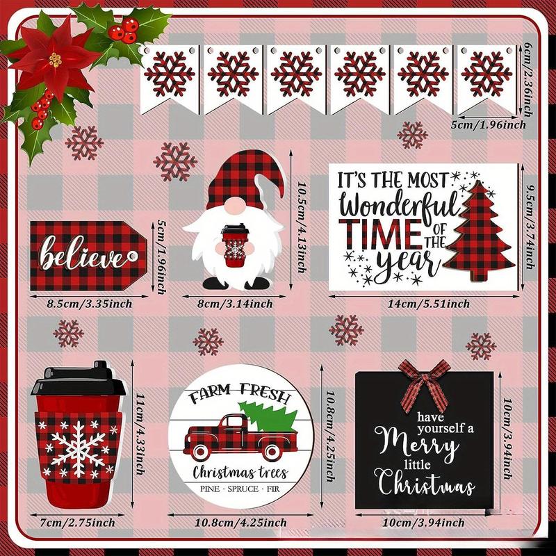 Product Introduction of Christmas Themed Tiered Tray Decoration, Wooden Sign with Banner & Gift Box & Truck & Gnome Doll, Desktop Decoration for Home Party Festival, Ornaments 1