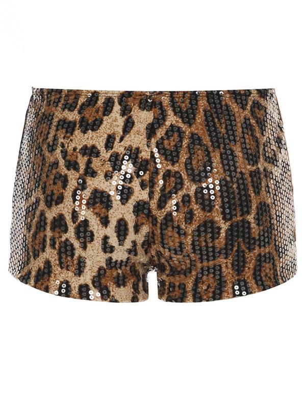 2025 Trendy, Women's Leopard Print Glitter Sequins Shorts, Casual Comfy Shorts for Daily Wear, Ladies Bottoms for All Seasons Womenswear Comfort Black Fitted 1