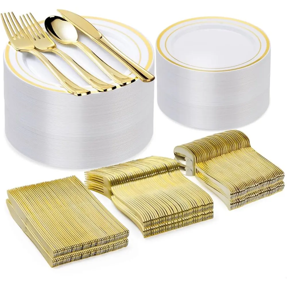 300PCS Gold Plate Disposable Dinnerware Set of 100 Plastic Plates,100 For,50 Spoons,50 Knives,50Cups For 50Guests Party Tableware