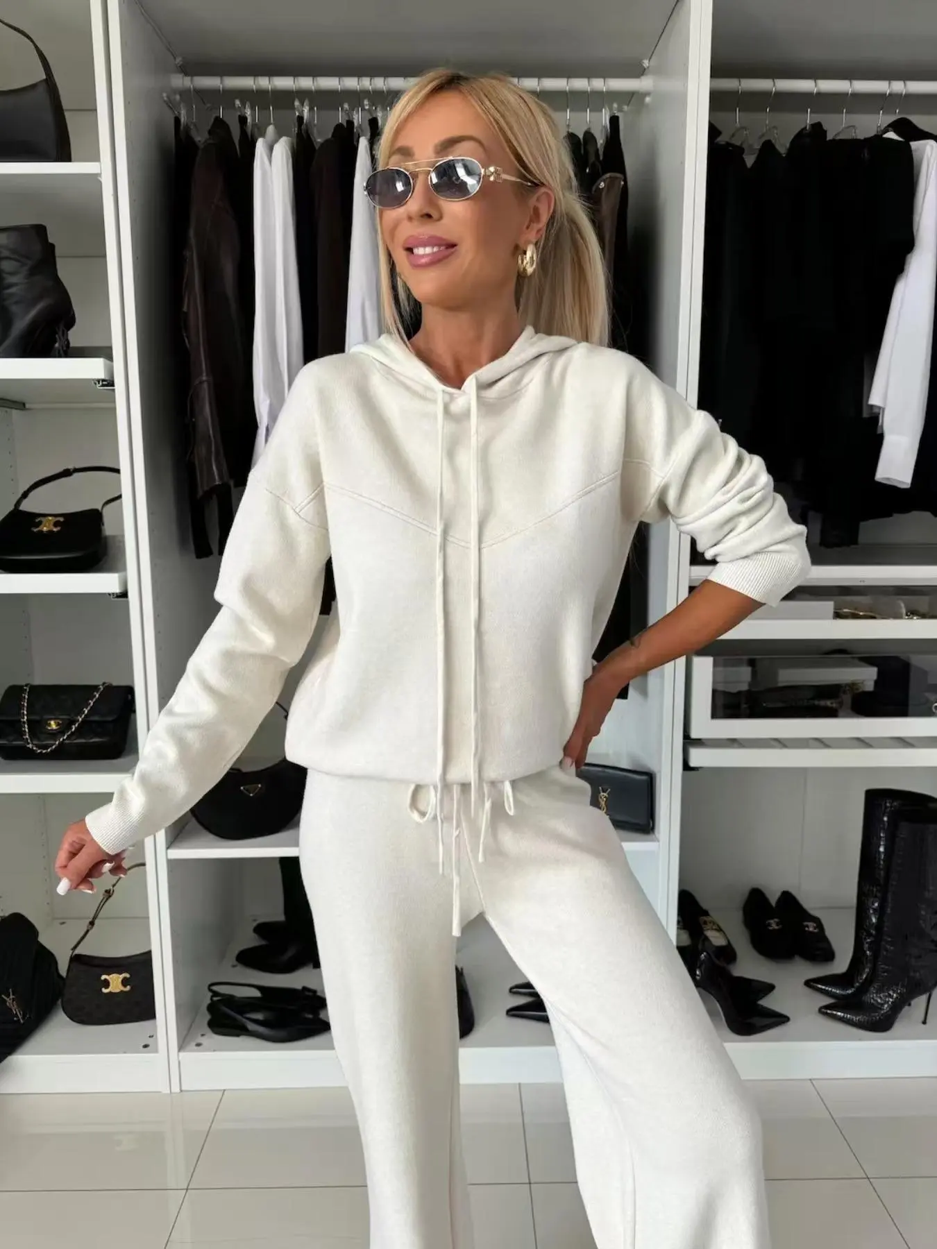 Women's Solid Drop Shoulder Hoodie & Wide Leg Pants Two-piece Set, Casual Fashion Cozy Sweatshirt & Trousers for Daily Outdoor Wear, Ladies Clothes for Fall