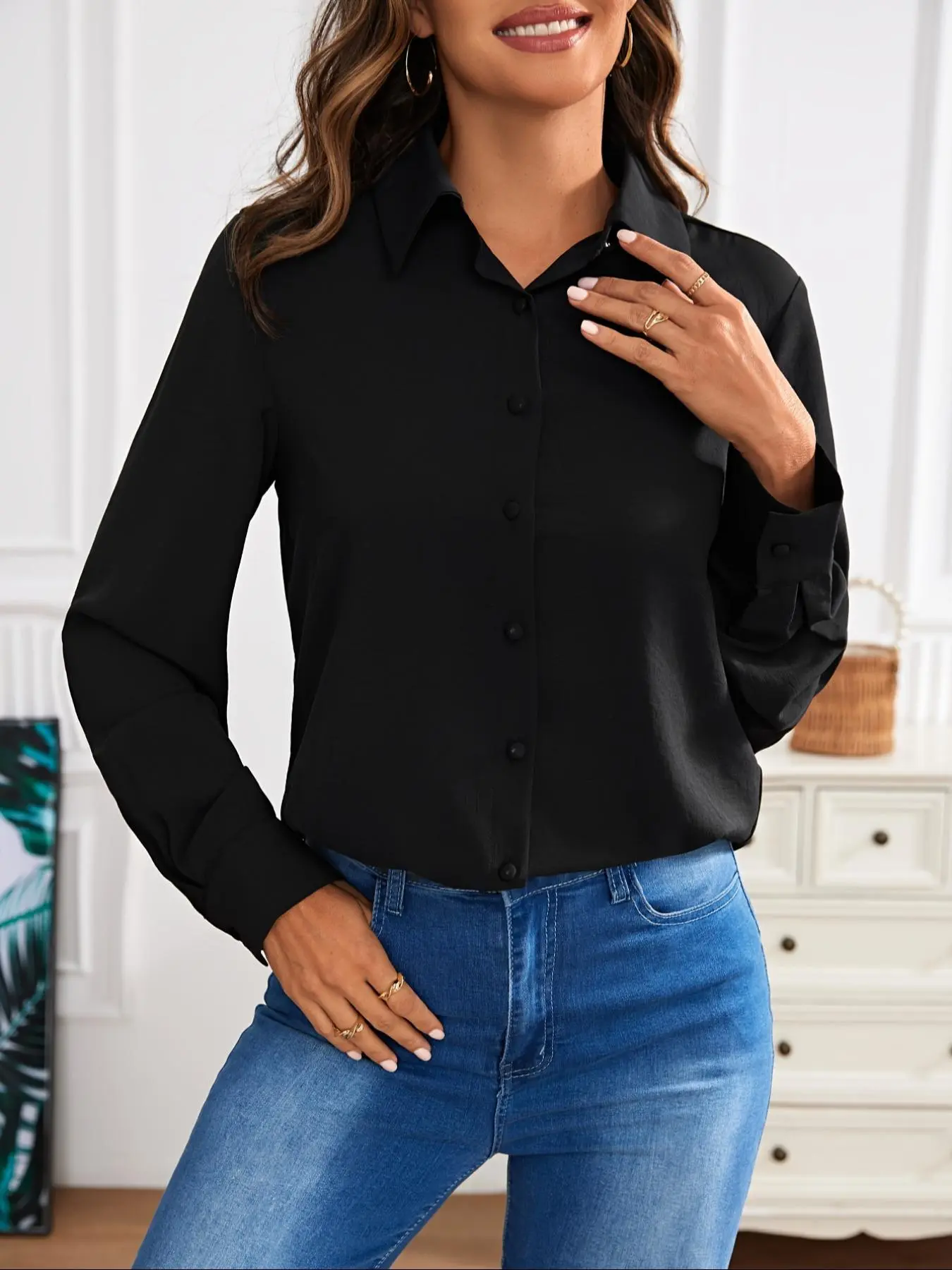 Women's Plain Button Front Shirt, Casual Long Sleeve Collared Top for Fall & Winter, Women's Clothing for Daily Wear