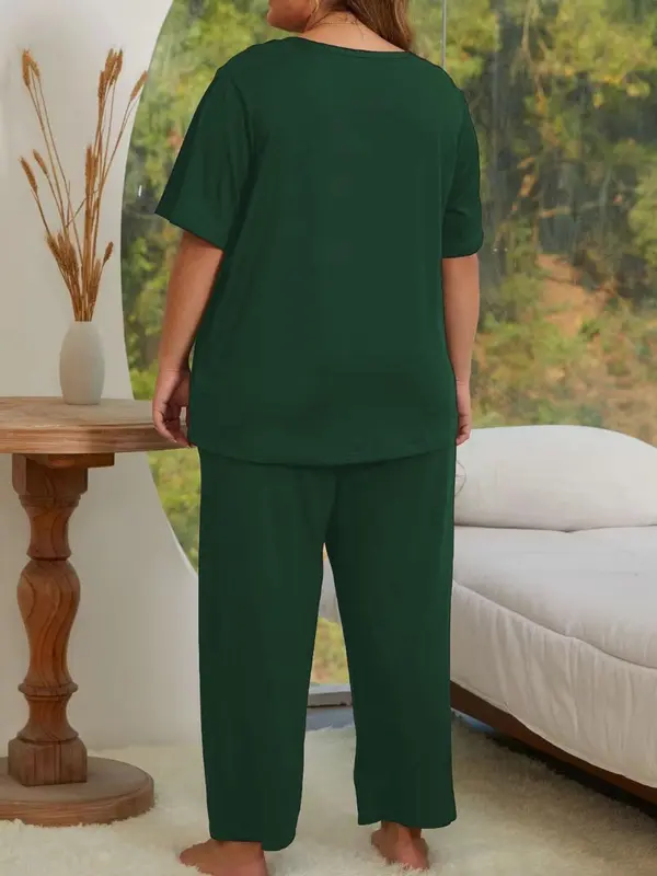 【Plus Size】 Letter Print Short Sleeve Tee & Pants Pajama Two-piece Set, Casual Comfy Round Neck T-shirt & Trousers Pajama Set, Women's Sleepwear for Summer 1