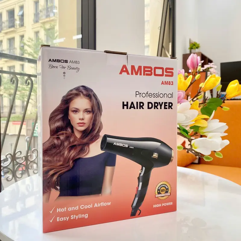 Máy sấy tóc Ambos bản Cao Cấp AM83 sấy 3 mức nhiệt nóng lạnh, ion âm và ánh sáng nano xanh giúp mượt tóc chống khô xơ, có chế độ ngắt bảo vệ quá nhiệt, lực sấy mạnh, bảo hành đổi trả toàn quốc 7