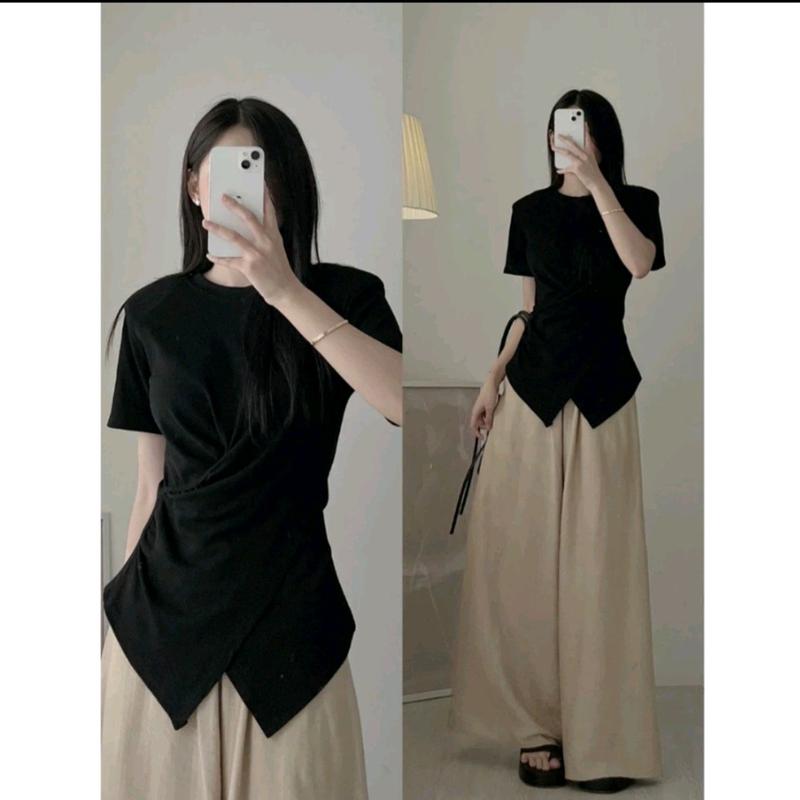 Áo thun trơn cổ tròn nhún eo vạt chéo 1