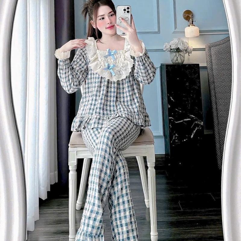 Bộ Ngủ Nữ Vải Đũi Caro, Đồ Bộ Mặc Nhà Tiểu Thư Cổ Tròn Có Nơ Trước Ngực Siêu Xinh Free Size 40-62Kg - Mã B19