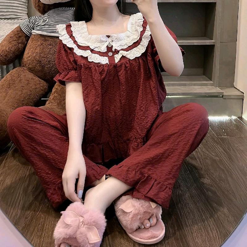 TAY DÀI - TAY NGẮN Bộ Cổ Vuông 3 Bèo Ren Vải Đũi Mềm Thoáng Mát 40-58kg Women Nhung Voi Tim Áo Top Kem