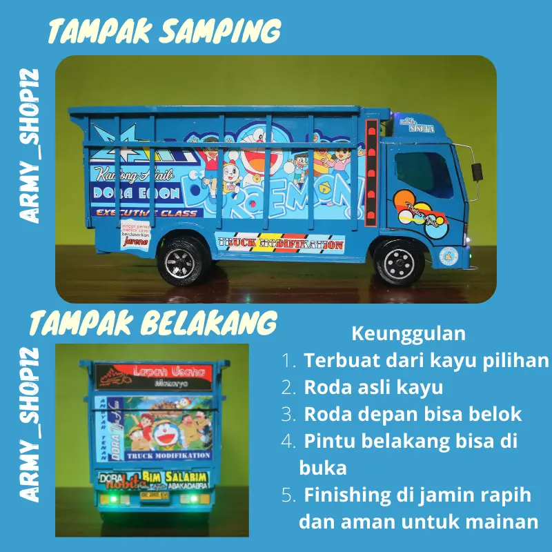 Truk Oleng Miniatur Kayu Murah Asli Jumbo Mobilan Anak-Anak Full Stiker 1