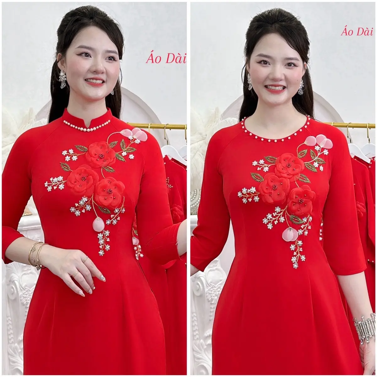 [H4]Áo Dài Lụa Mỹ Đính Kết 3 Bông Thủ Công(cổ tròn & cổ trụ) Nữ Women Dress Kem Màu Đỏ Tươi áodài các Voan Sen Voi