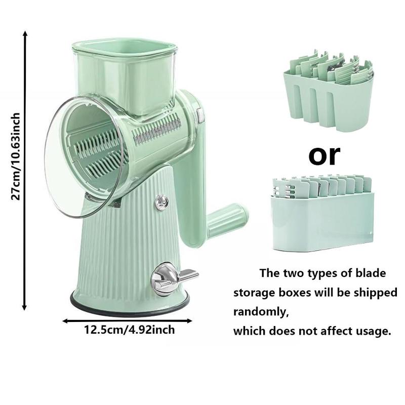Product Introduction of Manual Rotating Cheese Grater, 1 Count 5 in 1 Replaceable Stainless Steel Blade Vegetable Chopper with Blade Storage Box, Multifunctional Vegetable Slicer for Home Kitchen Dining Room Picnic,  Kitchen Gadgets 1