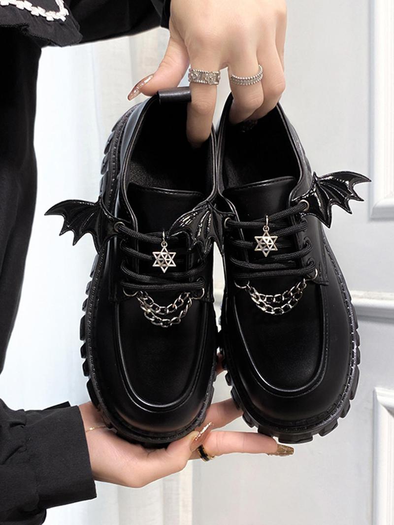 Product Introduction of Women's Fashionable Chain Decor Plain Platform Loafers, Casual Star & Wing Design Platform Loafers For Daily Wear, Footwear, Girl's Walking Shoes 5