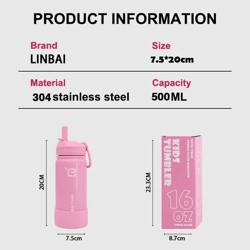 LINBAI Flask 16oz Kids Water Bottle with Straw Tumbler Hot and Cold Silicon Boot Flip Sip Coffee Cup 8